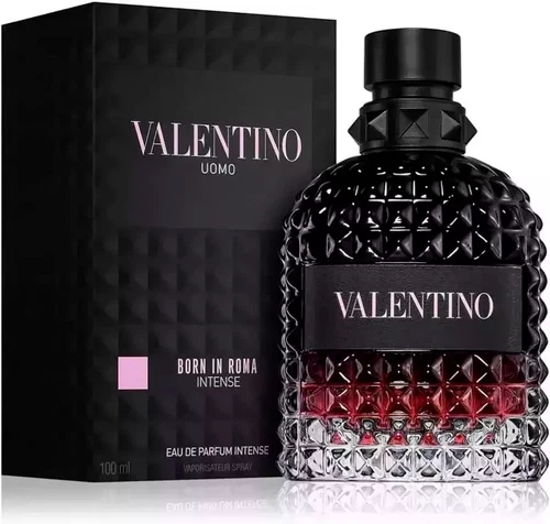 Black rectangular box of VALENTINO UOMO BORN IN ROMA INTENSE EAU DE PARFUM SPRAY 3.4 Oz / 100 ml on glossy bottle.