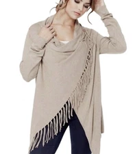 LOVE TREE Asymmetrical Fringed Beige Wrap Shawl Soft and Cozy Cardigan Size S