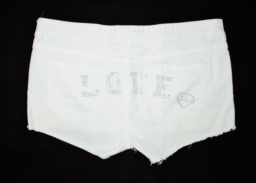 2b BEBE CUT OFF STYLE SILVER RHINESTONE BOOTY LOGO WHITE SHORT SHORTS STRETCHY 9 - Picture 11 of 16