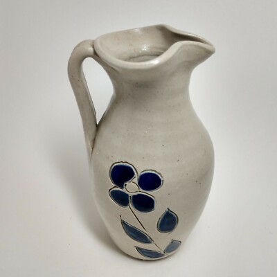 Pitcher Salt Glaze Art Pottery Blue Floral Design Williamsburg Pottery Inc