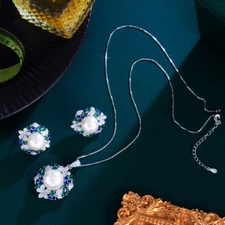 Silver Plated CZ Flower Pearl Pendant Necklace Earrings Green Blue Jewelry Set