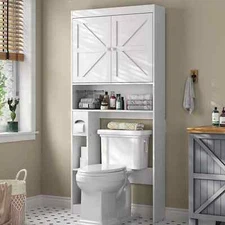 🔥✅ Over The Toilet Storage Cabinet with Barn Doors 32.3''W Free Standing Shelf