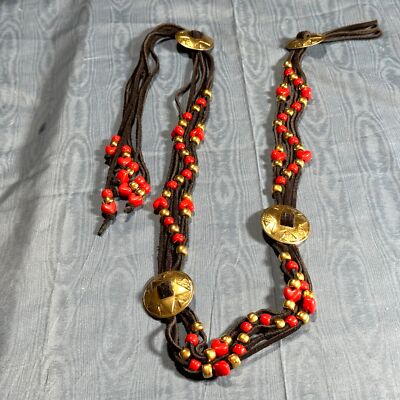 Black Multi Strand Leather Belt Gold Tone Conchos Red Beads  display picture 2