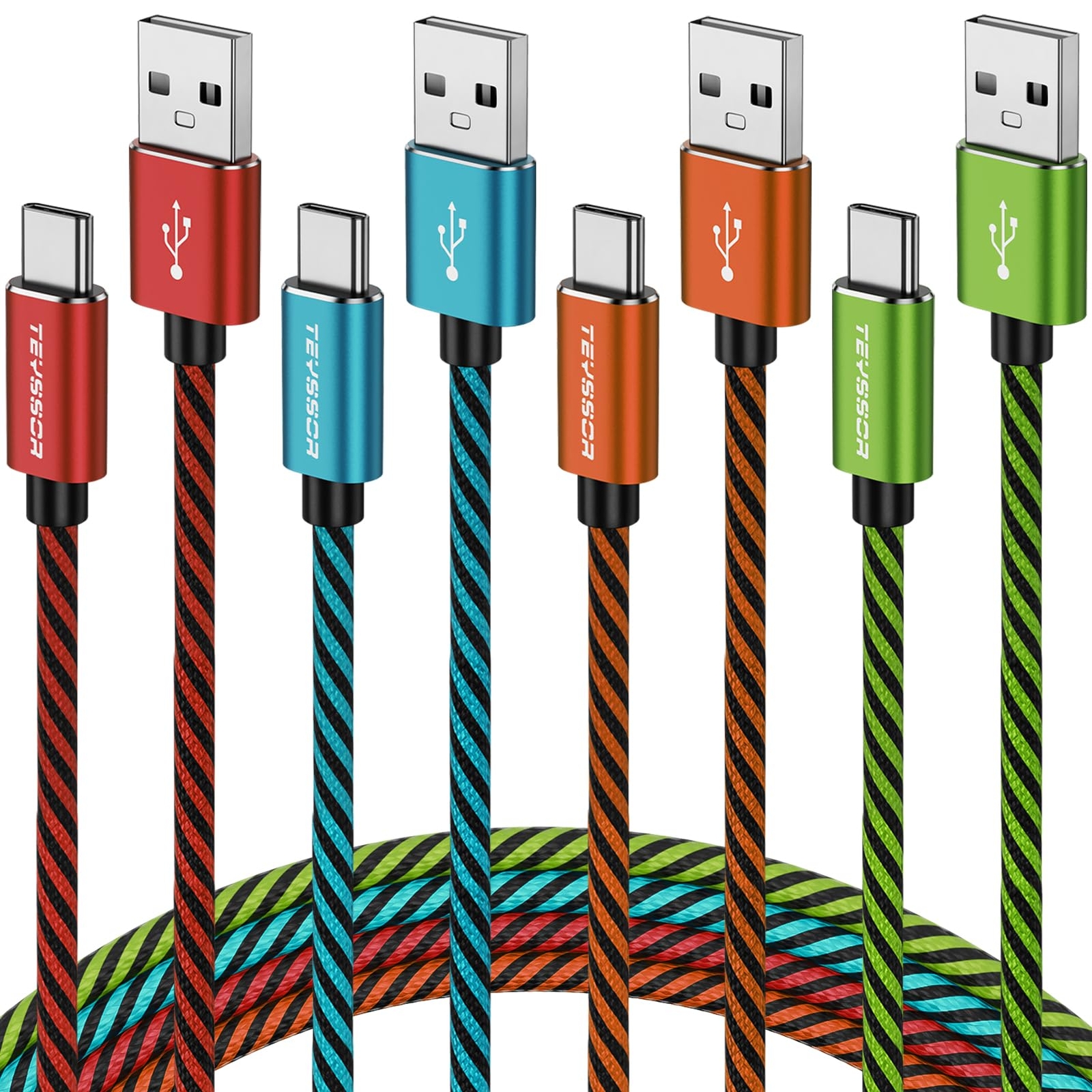 Teyssor USB C Cable 6FT 4-Pack Nylon Braided USB A to Type C Charger Cable Fa...