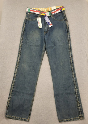 Blanco Label JEANS Blue Denim 34x34 Vintage Y2K Baggy Flag Belt New NWT