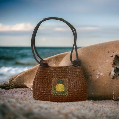 Sun N Sand Woven Straw Brown Purse Pineapple Artist Paul Brent Bag Tote