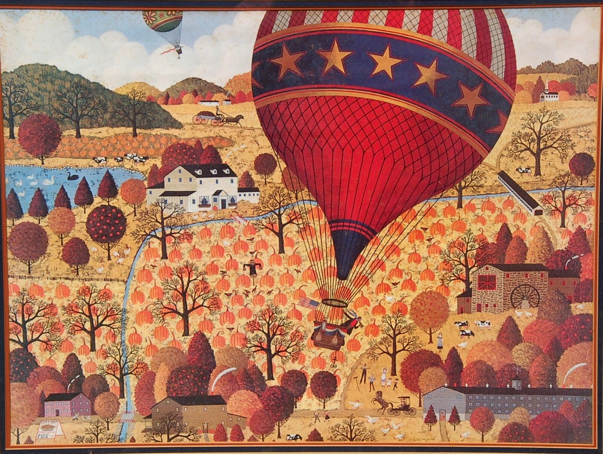 CHARLES WYSOCKI Print ~ BALLOON Over PUMPKIN Patch ~ Matted