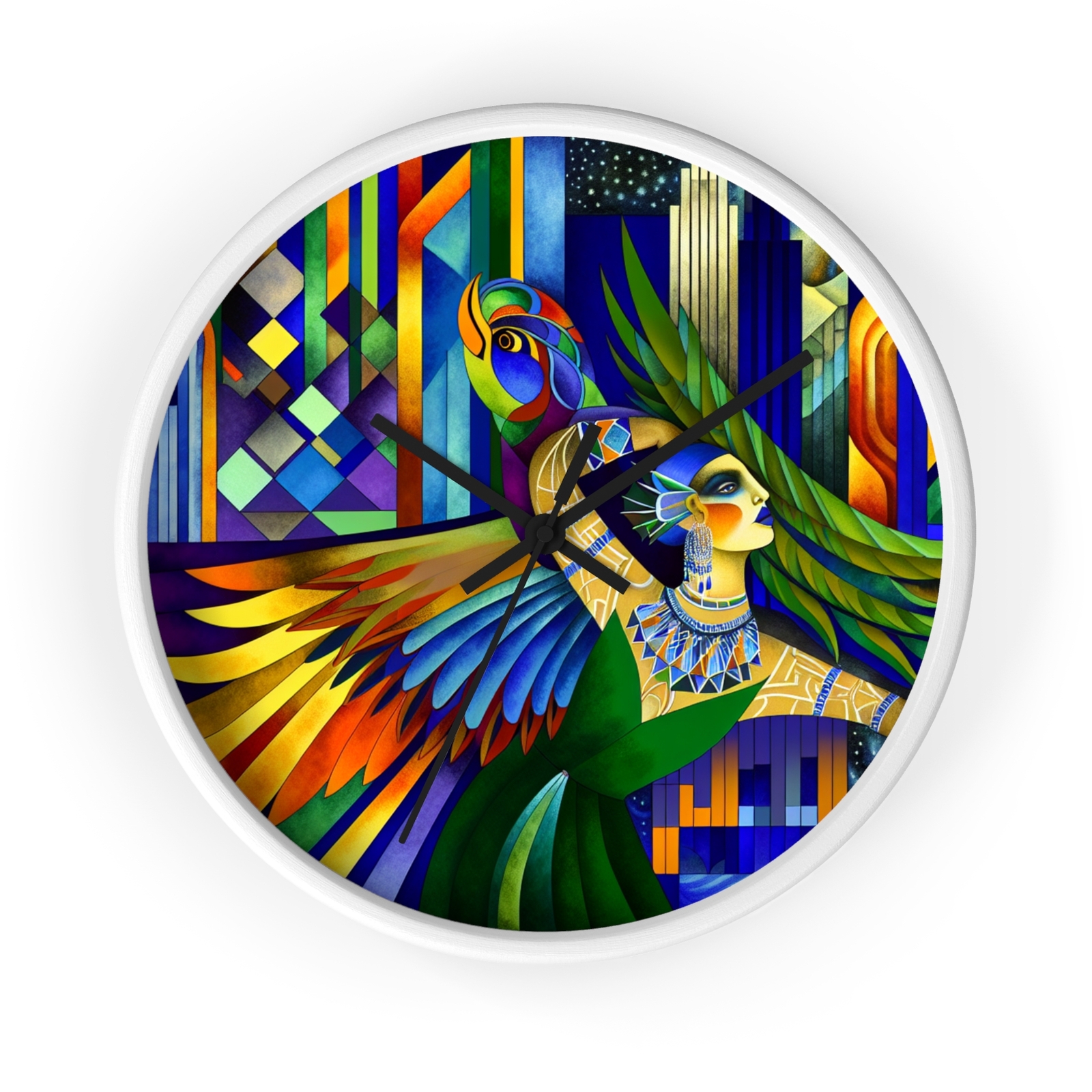 Home Decor Wall Clock Vibrant Art Deco Woman Bird Vintage Style Fun Retro Unique