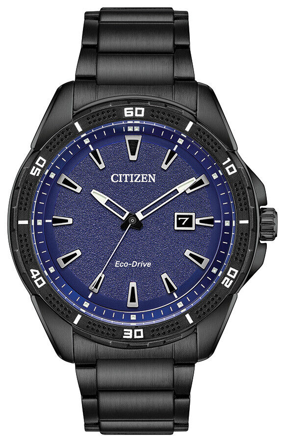 Citizen Eco-Drive Men's Blue Calendar Dial Black Bracelet 45mm Watch AW1585-55L