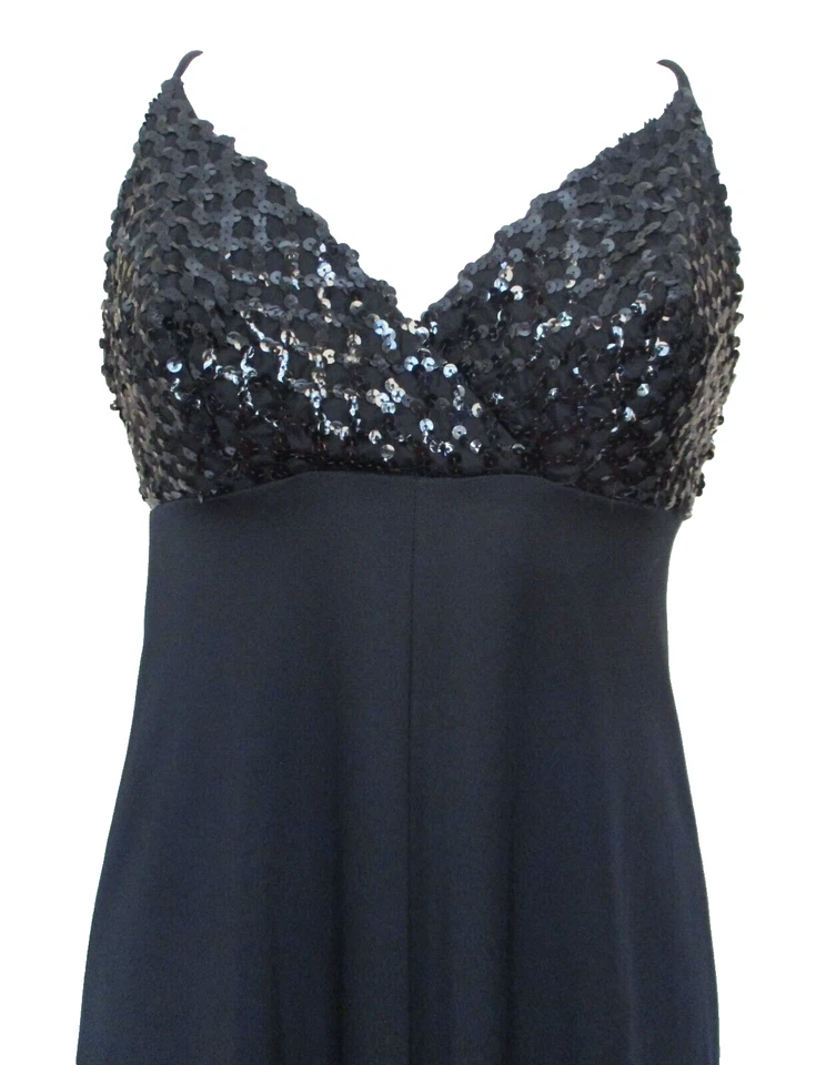 Maxi Vestido de Noche Vintage XS/S Mujer Negro Elástico Lentejuelas Top Cintura Imperio Foto 2 de 4