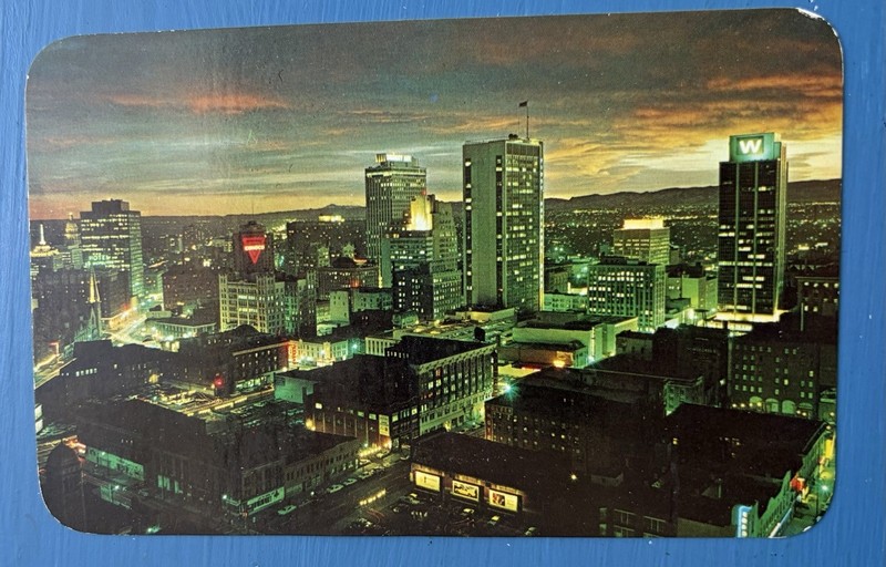 Denver CO Aerial View Postcard ~ Illuminated Night View - Skyscrapers, Buildings