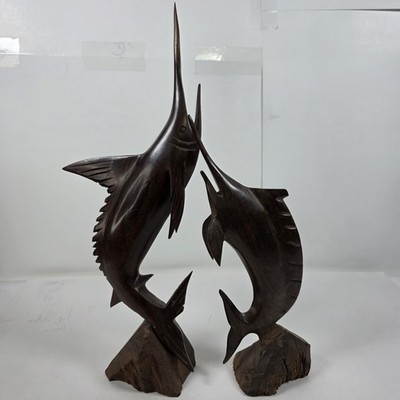 Set of 2 MCM Vintage 17  & 13'' Ironwood Swordfish Marlin Sculpture solid wood