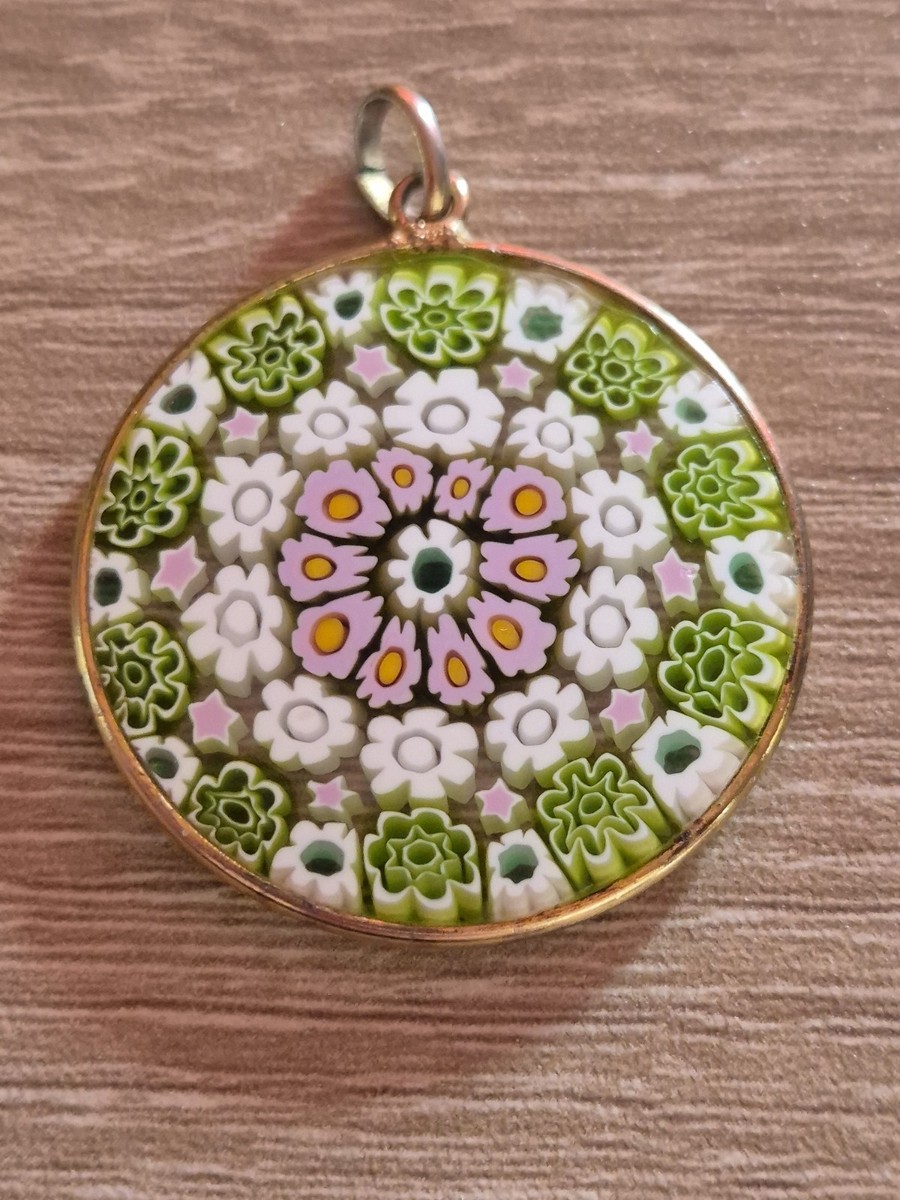925 Gold On Silver Green Millefiori Glass Large Round Pendant Murano Italy