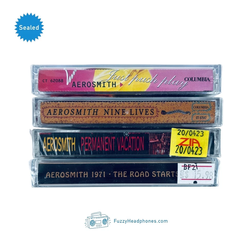 4 SEALED Aerosmith Cassette Tapes: Just Push Play Nine Lives Permanent Vacation - Image 2 of 4