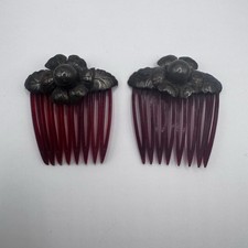 Set Of 2 Art Nouveau Era Hair Combs Celluloid Teeth Metal Floral Tops