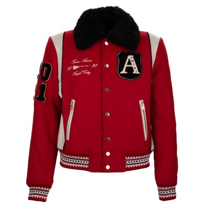 AMIRI Wolle Leder College Jacke ALWAYS ON POINT Stickerei Rot Schwarz 46 US 36 S