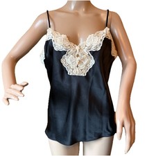 Y2K Vintage Satin Lace Camisole Top Size L Black Whimsigoth Coquette Fairy
