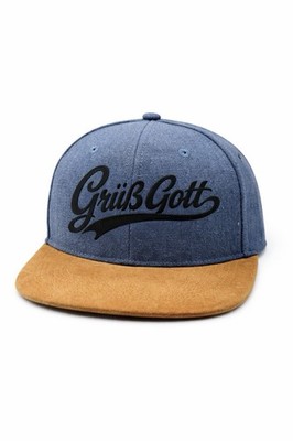 Suede Peak Snapback Cap  Grüß Gott Vintage Blau  logo mit Textilfolie.