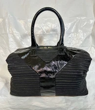 YSL YVES SAINT LAURENT Blk Easy Y Tote Bag Handbag Woven Boucle & Patent Leather