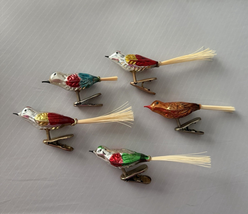 Vintage 1940s German Style 5-Piece Clip-On Glass Bird Christmas Ornament Lot