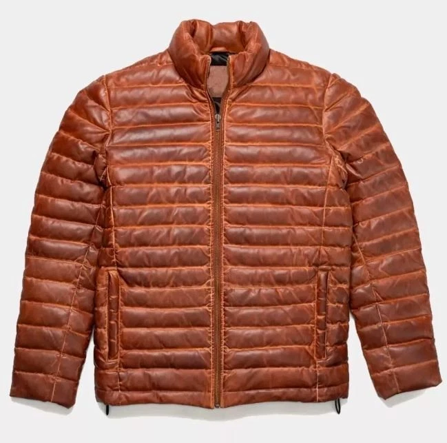 Men's Puffer Dist tan Real Leather Jacket