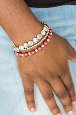Paparazzi "Girly Girl Glamour" Silver  Red Beaded Stretch Bracelet Set