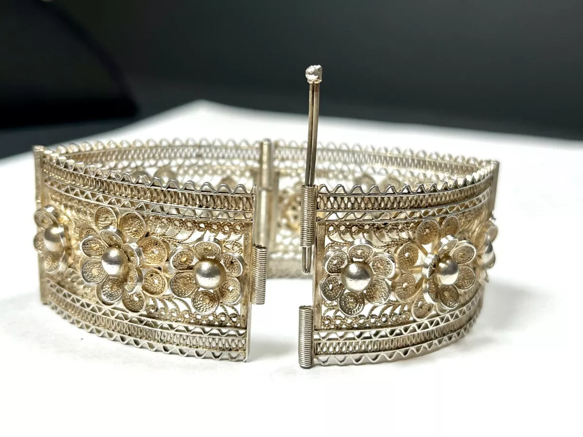 Antique Jugendstil Art Nouveau Silver Filigree Wide Panel Bracelet