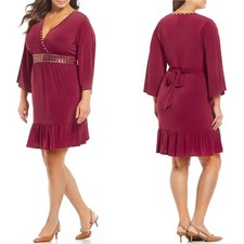 New! MICHAEL KORS ~Size 1X~ Studded Ruffle-Hem Tie-Back Dress Maroon Retail $165