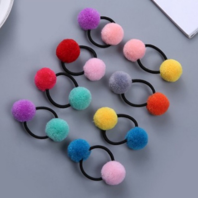 2PCS Cute Girls' Pompom Hair Ties Pom Pom Elastic Hair Band Hair Ropes