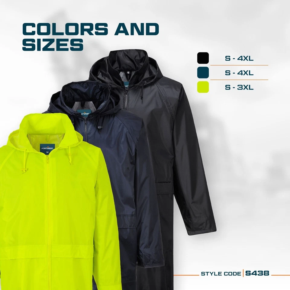 Portwest S438 Men's Waterproof Raincoat - Lightweight Long Rain Jacket with Hood - Image 3 of 4