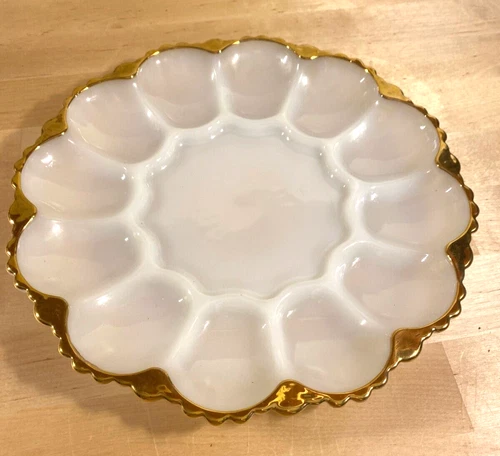 Vintage Anchor Hocking White Glass Deviled Egg Plate Gold Trim Mid Century Mod