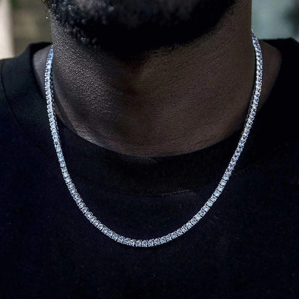 Collar de tenis de plata 925 de 15 quilates para hombre de 20" redondo con diamantes creados en laboratorio de oro de 14 quilates Foto 2 de 4