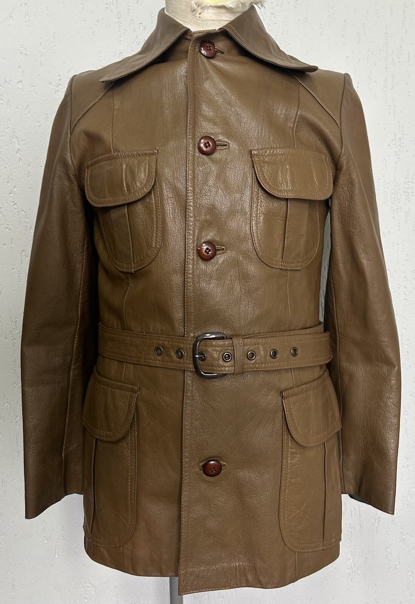 Men's 1960s Belted Brown Leather Jacket Mod Western Style Vintage