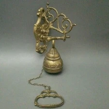 Vintage Wall Mount Brass Bell Door Knocker Monastery Dinner with Chain