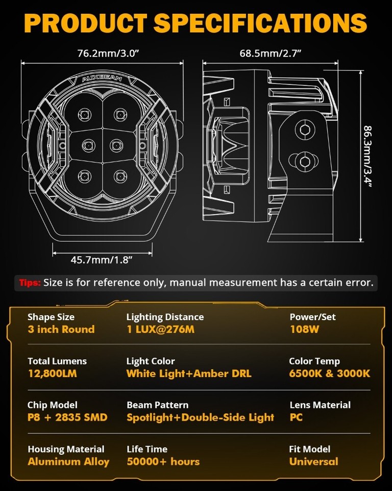 AUXBEAM 3"Inch LED Work Light Pods Spot OffRoad Lights Truck Driving ...