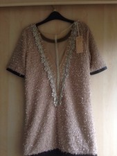 Womens beige eyelash leather trim lace v-back dress size M, 10 new