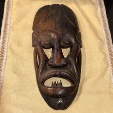 Vintage African Art Mask Hand Carved Wood Sculpture Wall Decor 16”x7”
