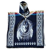 HANDMADE TODDLER KIDS ALPACA WOOL-PONCHO WOLVES DESIGN BLUE MADE IN ECUADOR