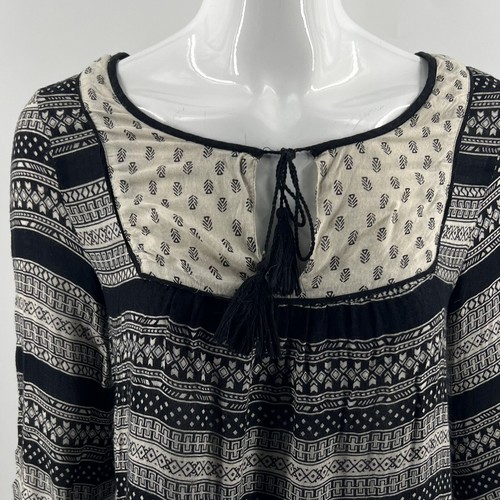 Forever 21 Peasant Top Size S Black Beige Boho Tassel Tie Neck Blouse Womens - Foto 2 di 6