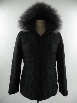 Women's L Calvin Klein Black Down Puffer Jacket Coat Parka Faux Fur Trimmed Hood