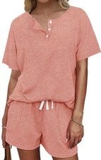 WIHOLL Women s Medium Two-Piece Lounge Pajama Top Shorts Coral Outfit Set