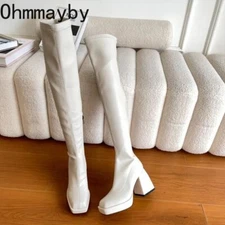 Winter Over The Knee High Boots Fashion Zippers Square High Heel Long Boots