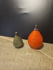 Vintage Lot Of 2 Solid Wood Spinning Tops With Metal Points. 1 Orange  1 Green