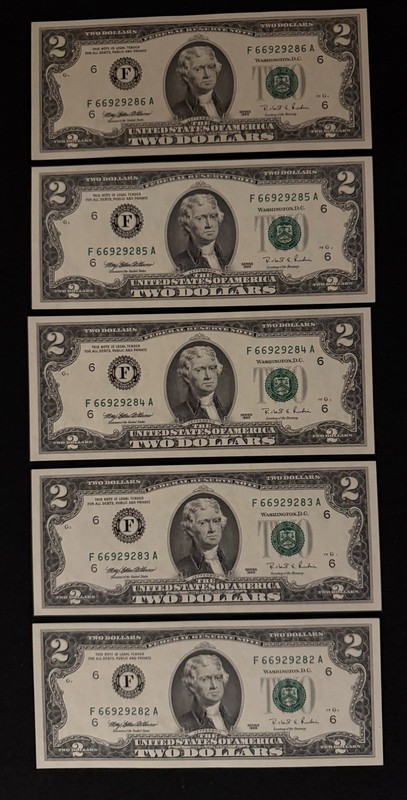 1963 $2 Banknotes Lot of 5 - Jefferson Red Seal Consecutive Notes Unc