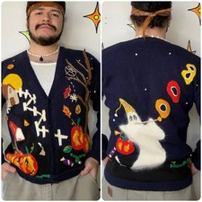 80s Halloween Cardigan Ugly Tacky Sweater Ghost Novelty Knit Vintage ML