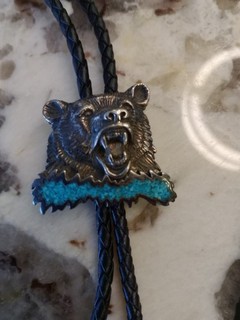 Vintage Bear Bolo Tie 1995 G&S Aztec Turquoise Inlay Pre owned Good Condition