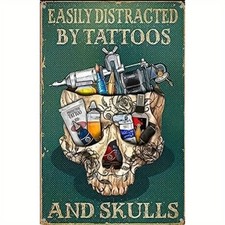 Vintage Tattoo Studio Tin Metal Sign EASILY DISTRACTED BY TATTOOS 8x12