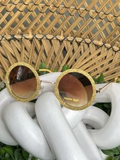 Glitter Shimmer Gold Round Sunglasses Fashion Shades UV Protection