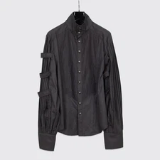 Punk Rave Gothic Shirt Size XL Men Solid Black Pleated Balloon Sleeve w/ Straps