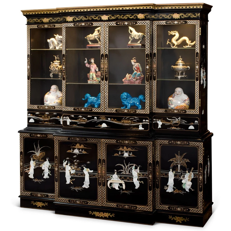 Vendedor dos EUA - Vitrine chinesa de laca preta motivo de donzela madrepérola - Imagem 3 de 4